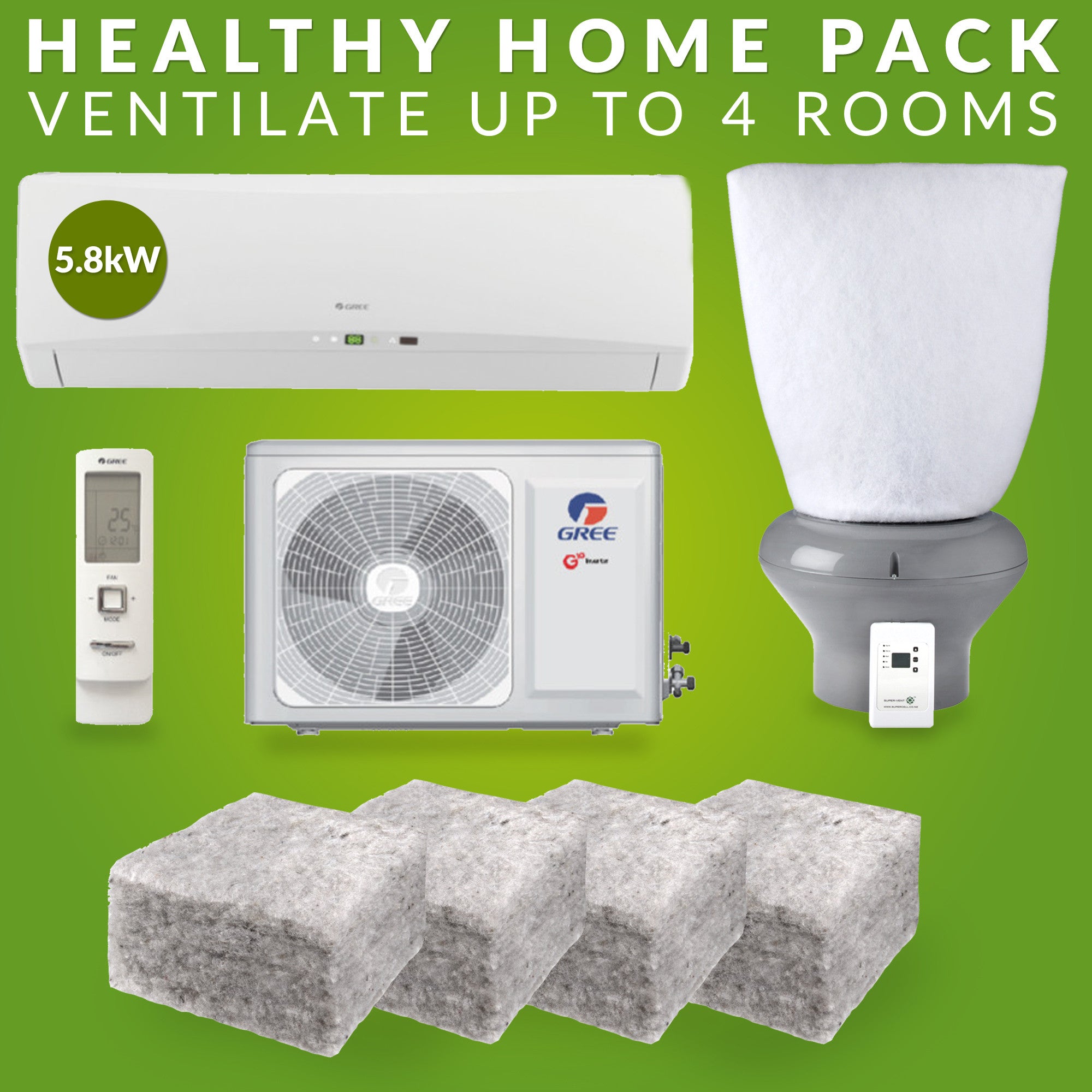 Healthy Home Pack: 5.3kw GREE Heat Pump, R 3.2 Realwool & Supervent 108m² - supercellnz