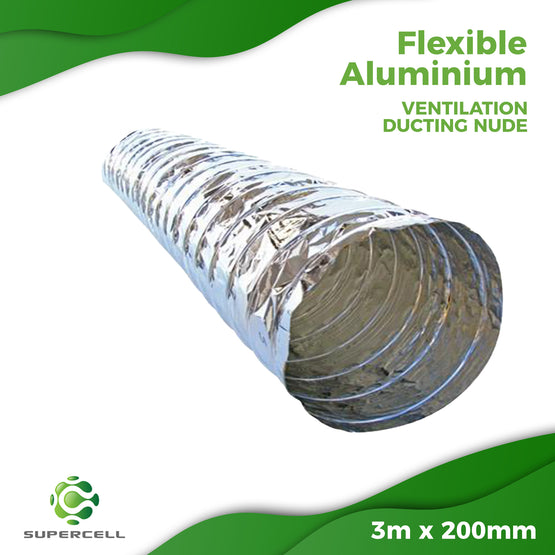 V  3m x 200mm FLEXIBLE ALUMINIUM  VENTILATION DUCTING NUDE - supercellnz