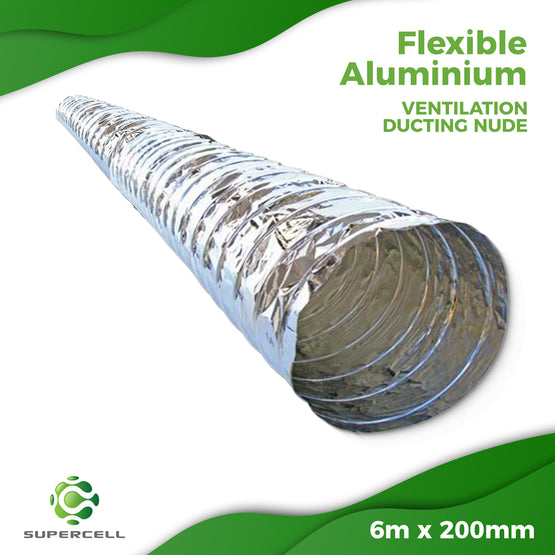 V  6m x 200mm FLEXIBLE ALUMINIUM  VENTILATION DUCTING NUDE - supercellnz