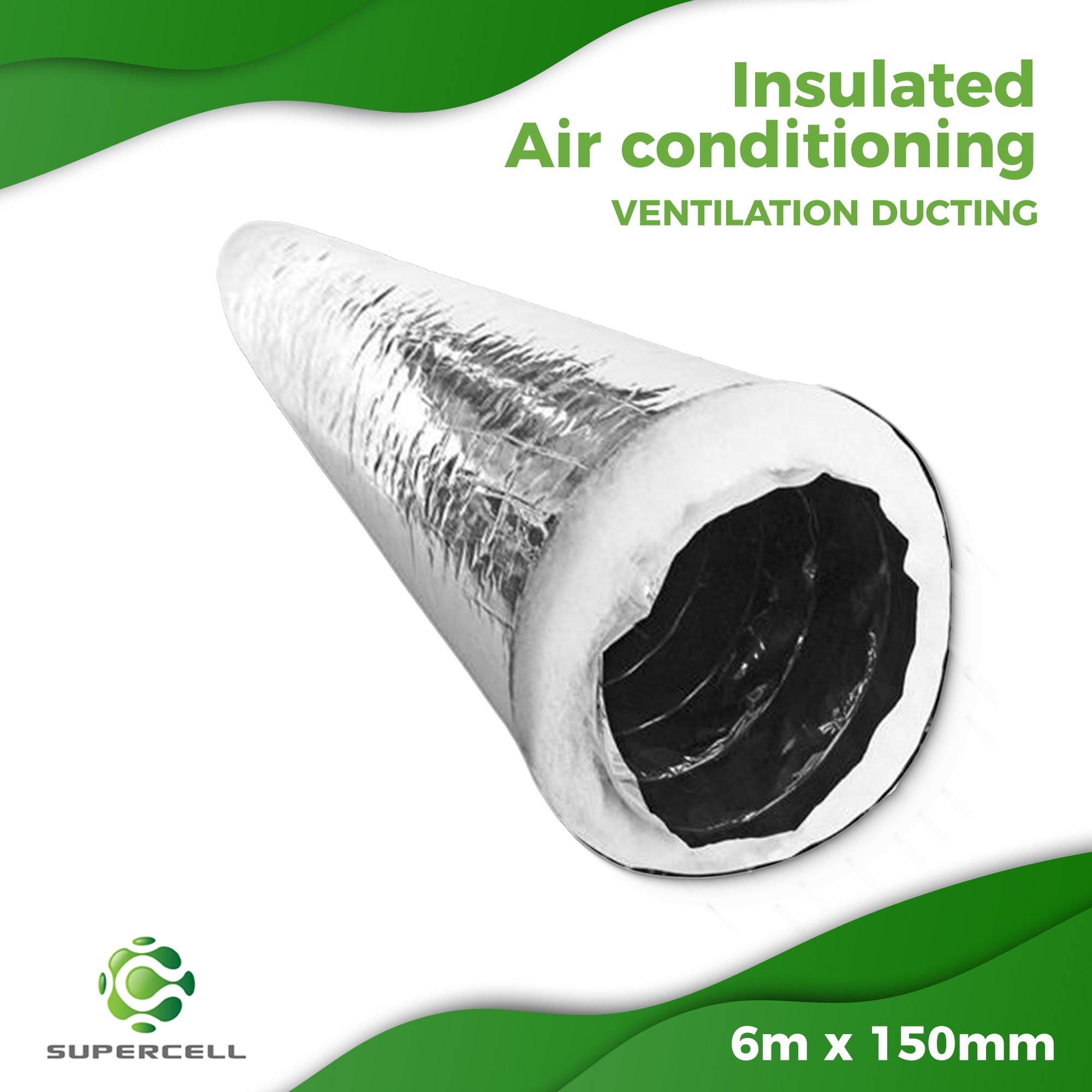 V 6m x 150mm INSULATED FLEXIBLE AIR CONDITIONING VENTILATION DUCTING - supercellnz